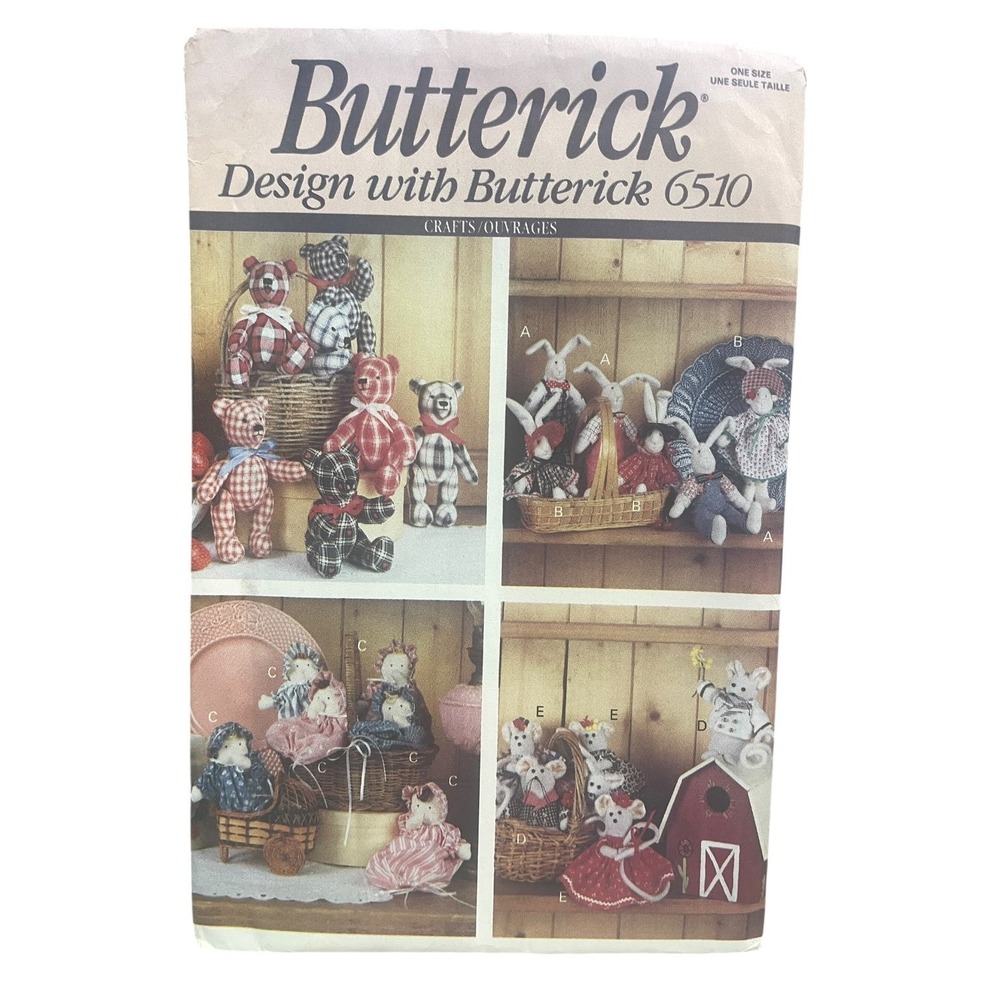 Butterick 6510 Stuffed Animals Crafts Bear Bunny Mouse Doll ONE SIZE Vintage